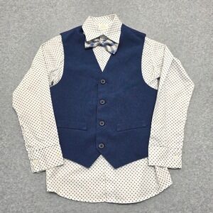 Van Heusen Boy Size 8 3 Piece Dress Set Blue Plaid Bow Tie White Dot Shirt Vest